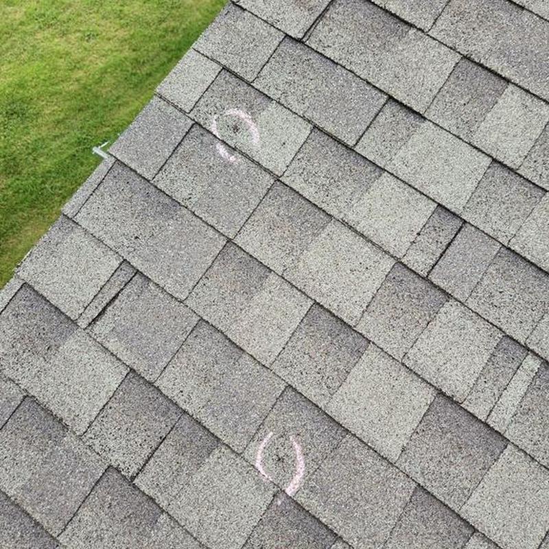 Asphalt roof shingles with marked storm damage spots