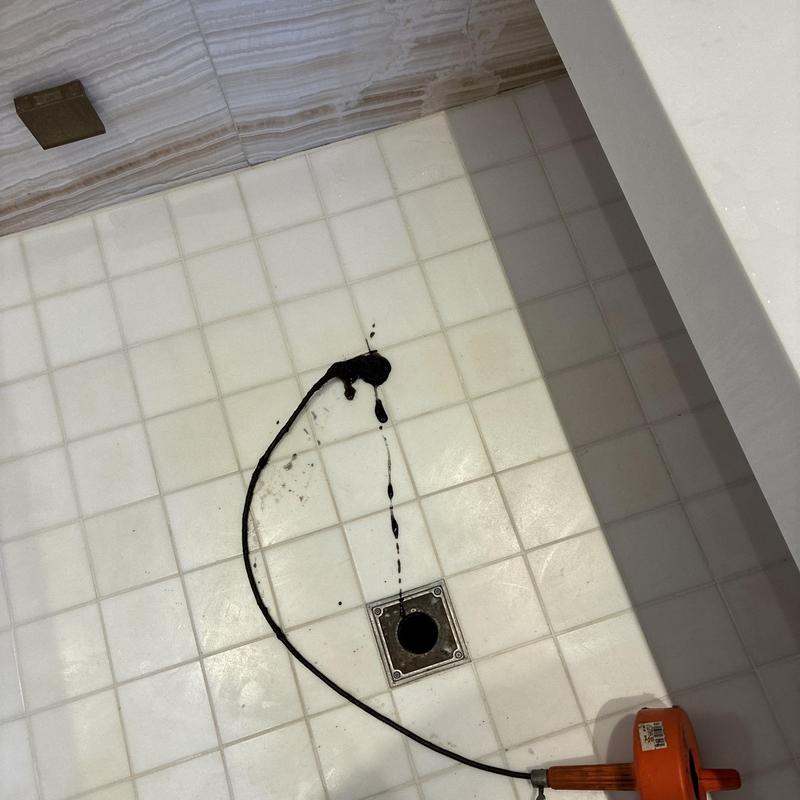 Shower drain clearing with drain snake and blockage residue