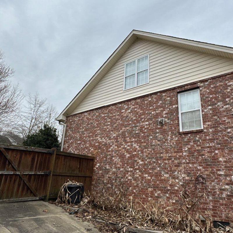 Roof shingles with hail damage on brick house exterior