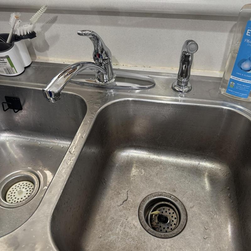 Delta kitchen faucet and sprayer on stainless sink