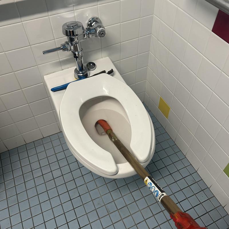 Toilet auger inserted in commercial toilet bowl