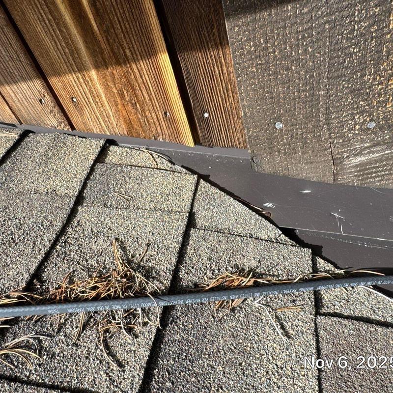 Roof shingles and flashing with pine needle debris