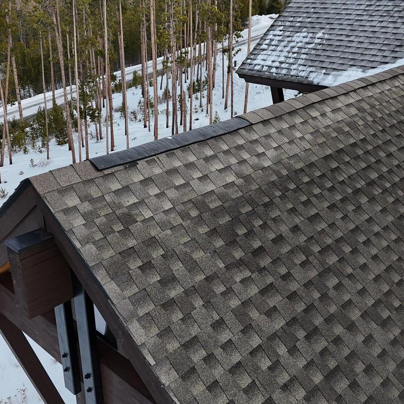 Asphalt shingle roof with ridge vent in snowy forest