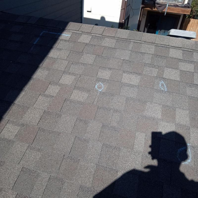 Shingle roof with chalked hail damage spots Shingle roof with chalked hail damage spots