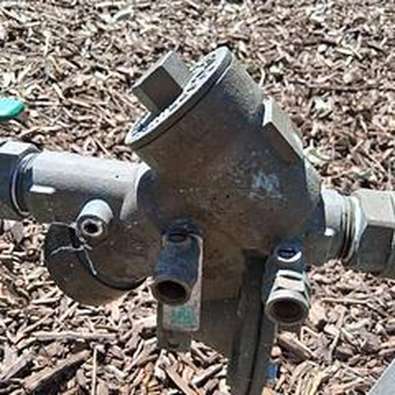 Backflow device with test cock and fittings outdoors