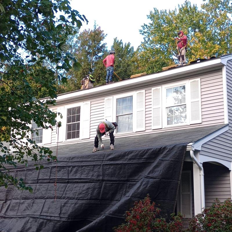 Asphalt shingle roof installation with safety tarp on house