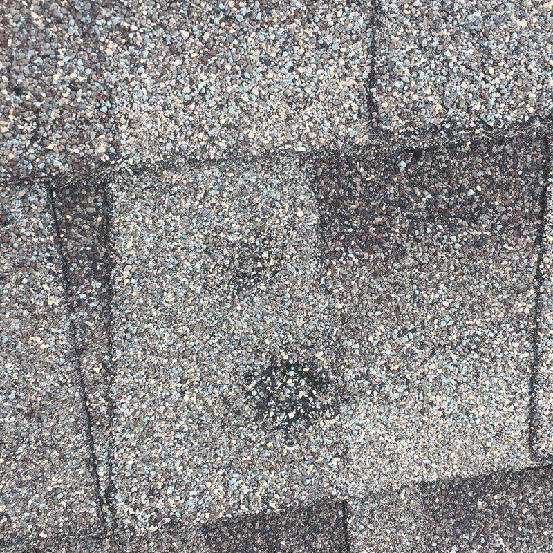 Asphalt shingle granule loss from hail damage close-up