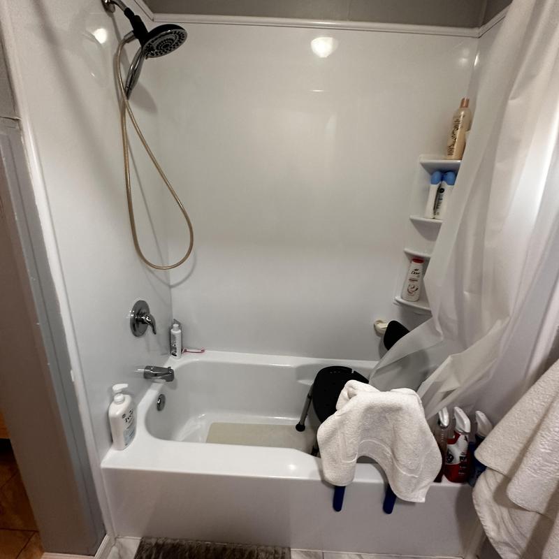 Custom shower unit with handheld showerhead and shelves Custom shower unit with handheld showerhead and shelves