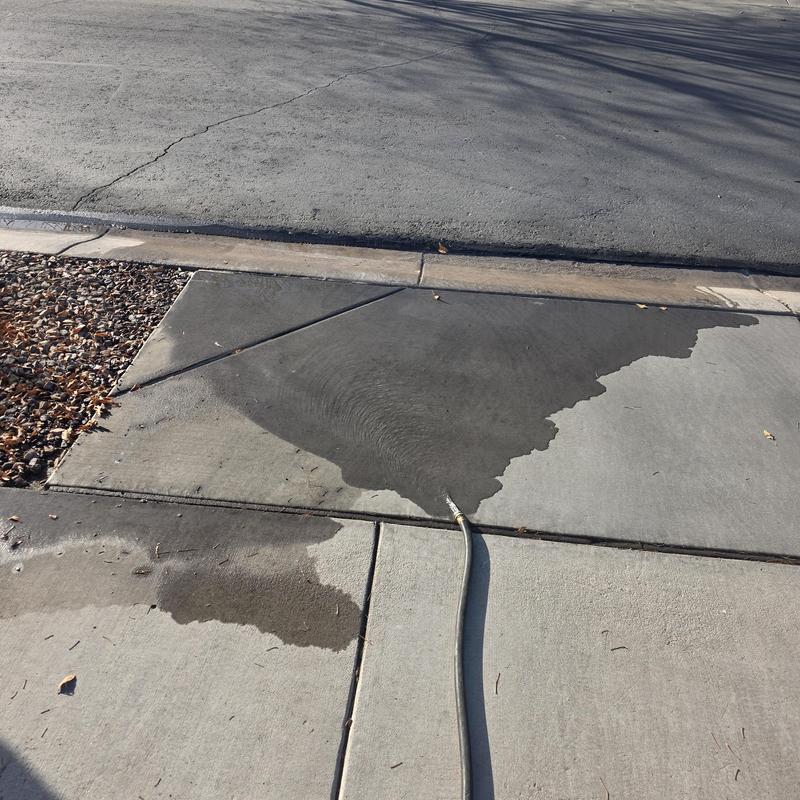 Driveway cleaning with water hose on concrete surface