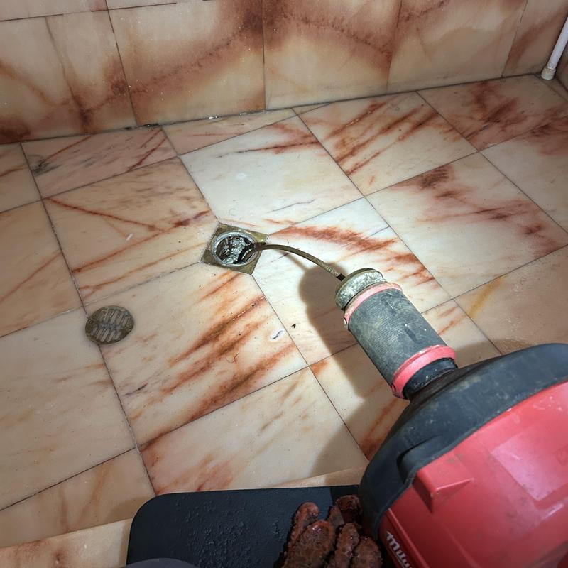 Shower drain with sewer snake clearing blockage