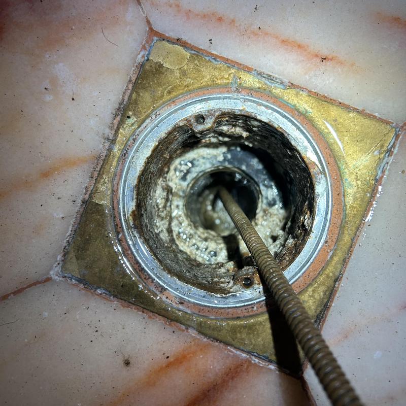 Shower drain with sewer snake clearing blockage