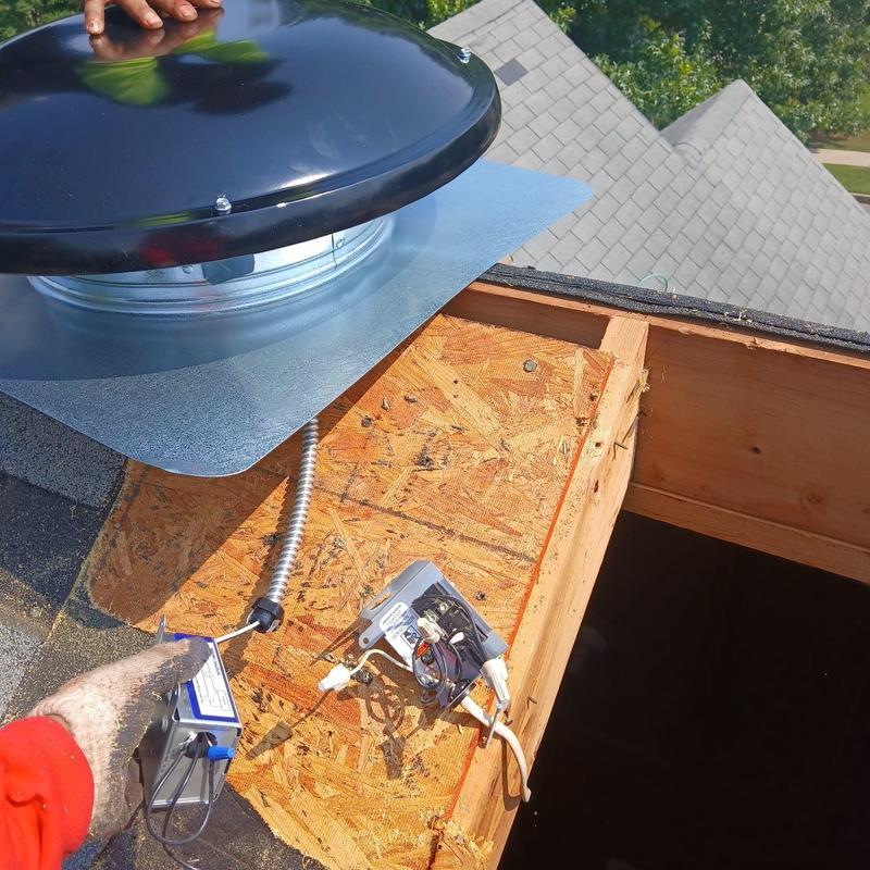 Power vent installation on roof with electrical wiring