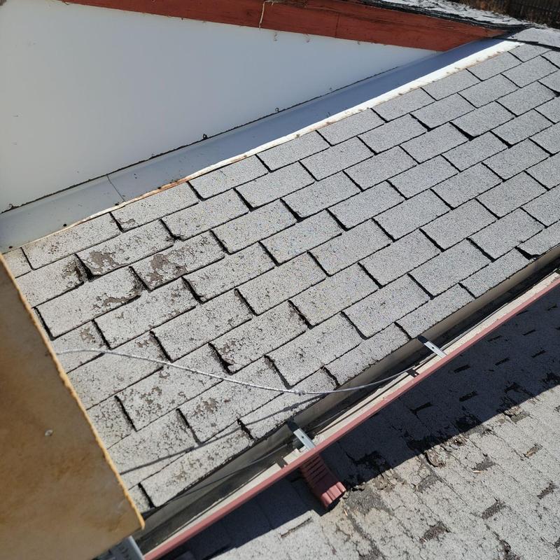 Roof shingles with hail damage on all slopes Roof shingles with hail damage on all slopes