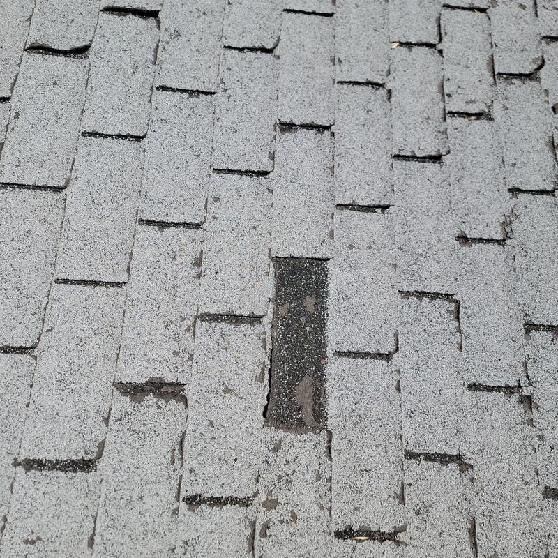 Asphalt roof shingles with visible hail damage and missing granules Asphalt roof shingles with visible hail damage and missing granules