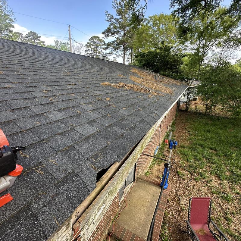 Roof shingles and wooden fascia with damage from tree limb
