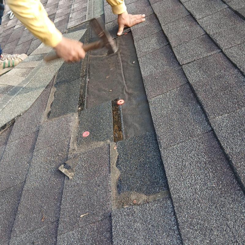 Asphalt roof shingles with replacement underway