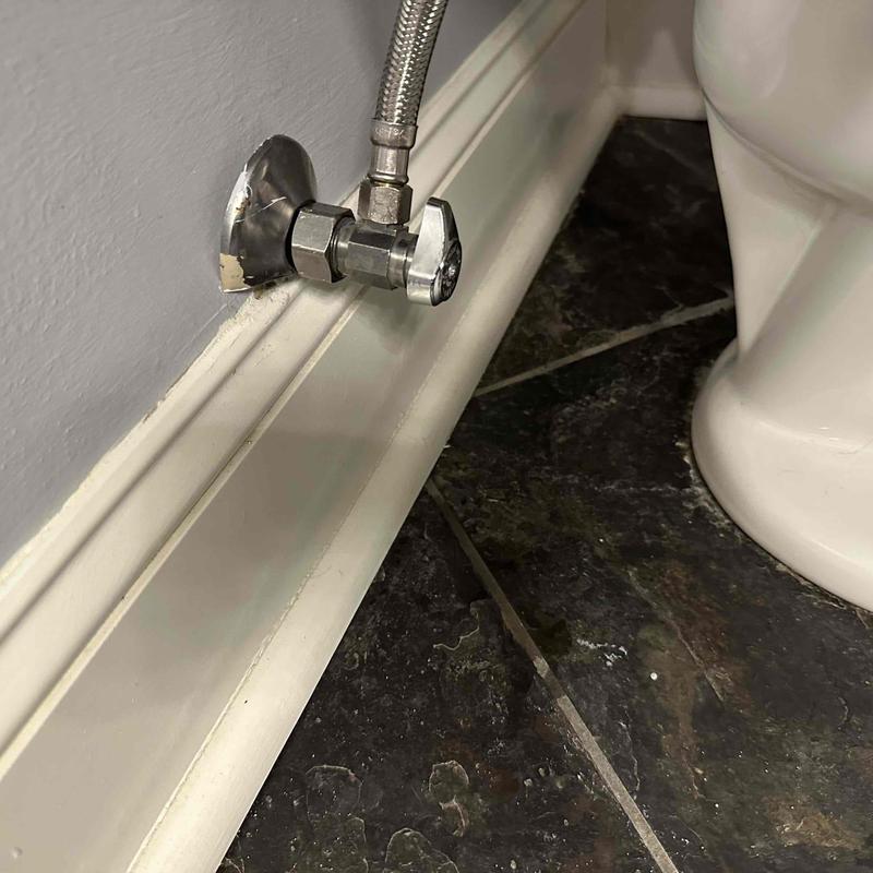 Toilet shutoff valve and water supply line near baseboard