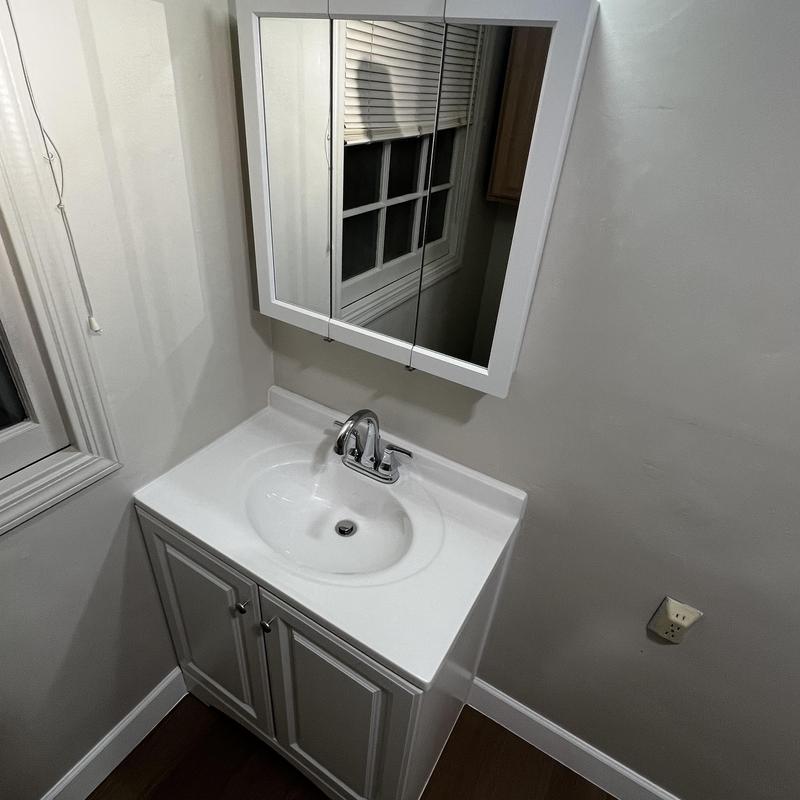 Bathroom sink vanity with faucet and mirrored cabinet