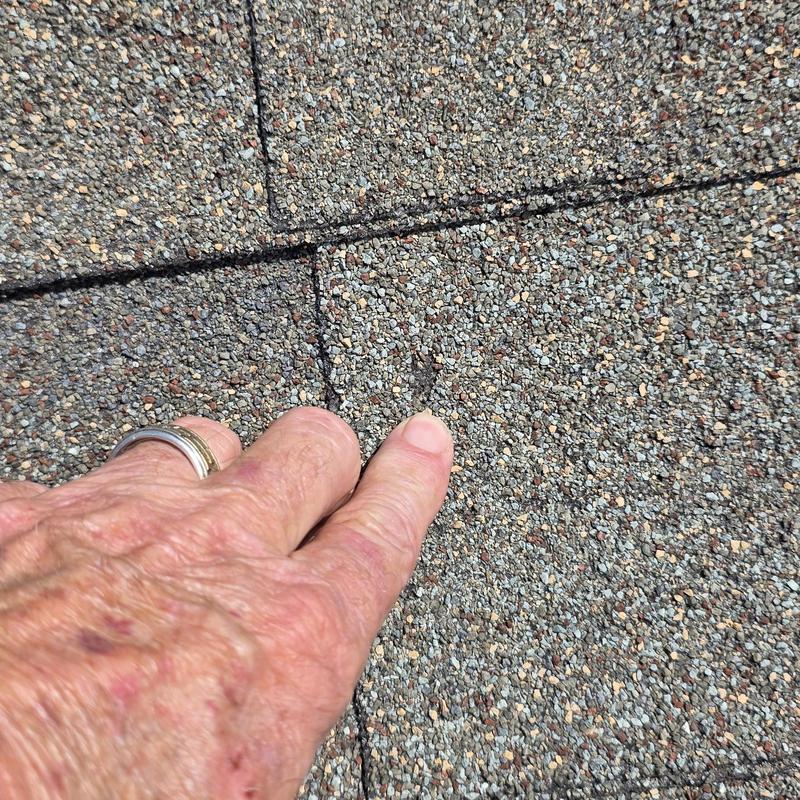 Asphalt roof shingles exhibiting hail damage close-up