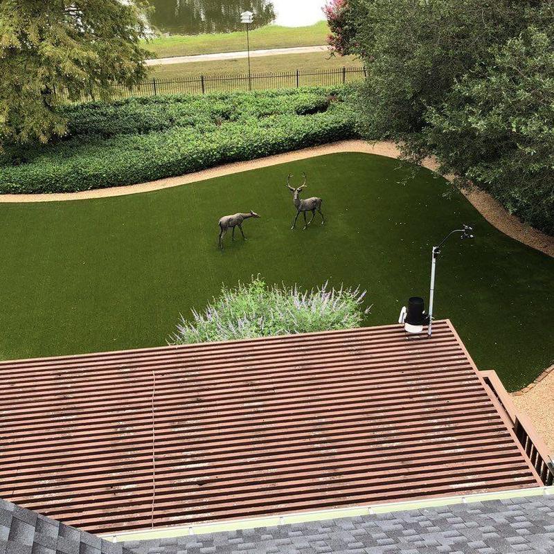 Artificial turf lawn installation with decorative deer statues