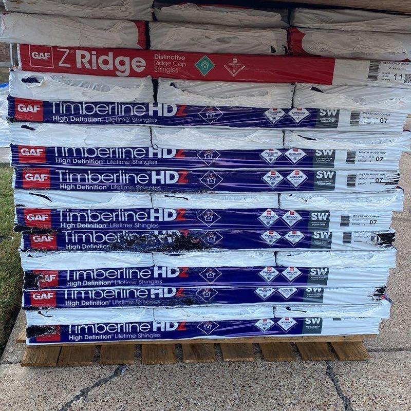 GAF Timberline HDZ shingles and Z Ridge caps stacked