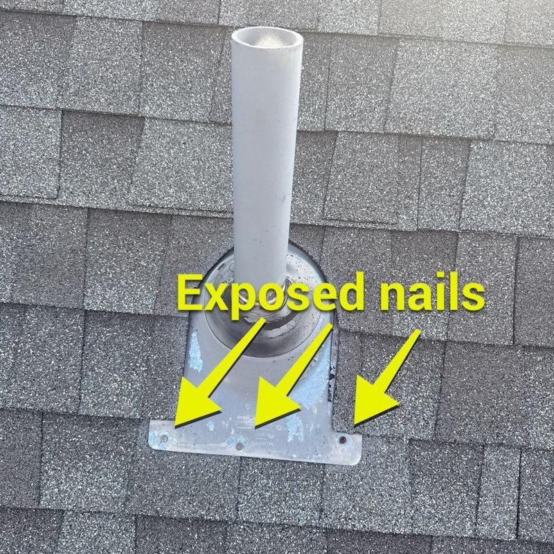 Roof vent flashing with exposed nails on shingles