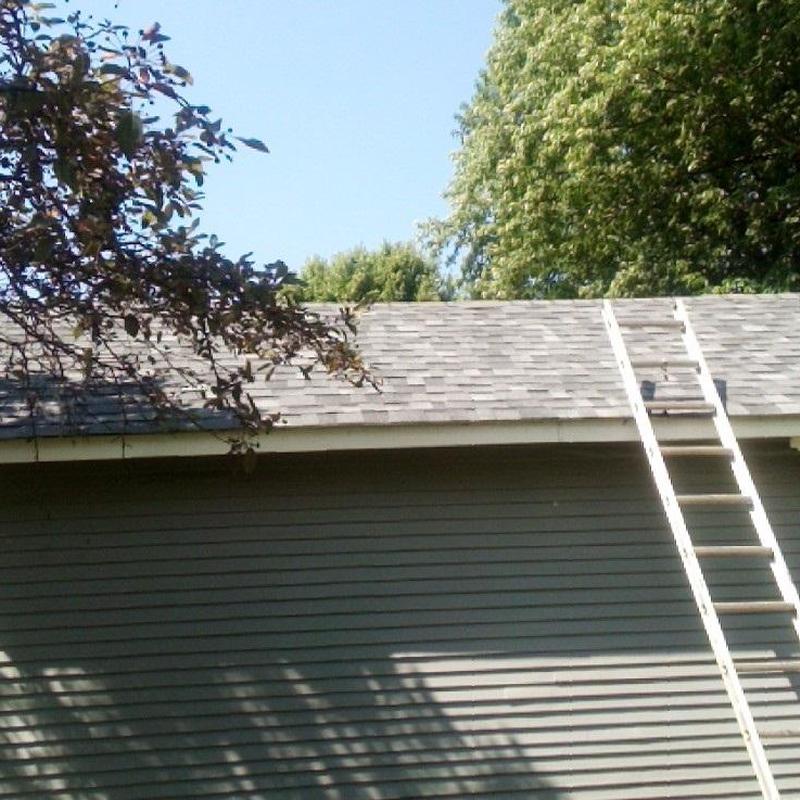 Asphalt shingle roof with ladder on house exterior