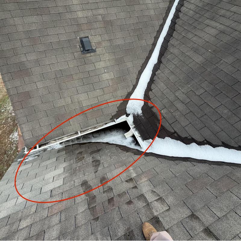 Dead valley flashing on shingle roof with snow buildup