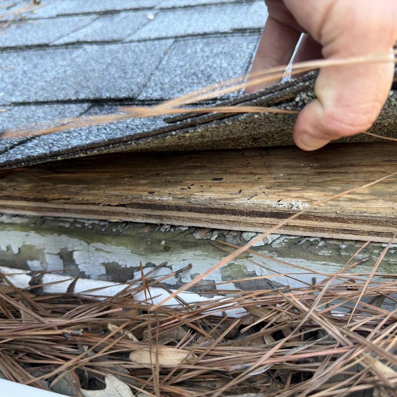 Roof shingles lifted to inspect decking condition