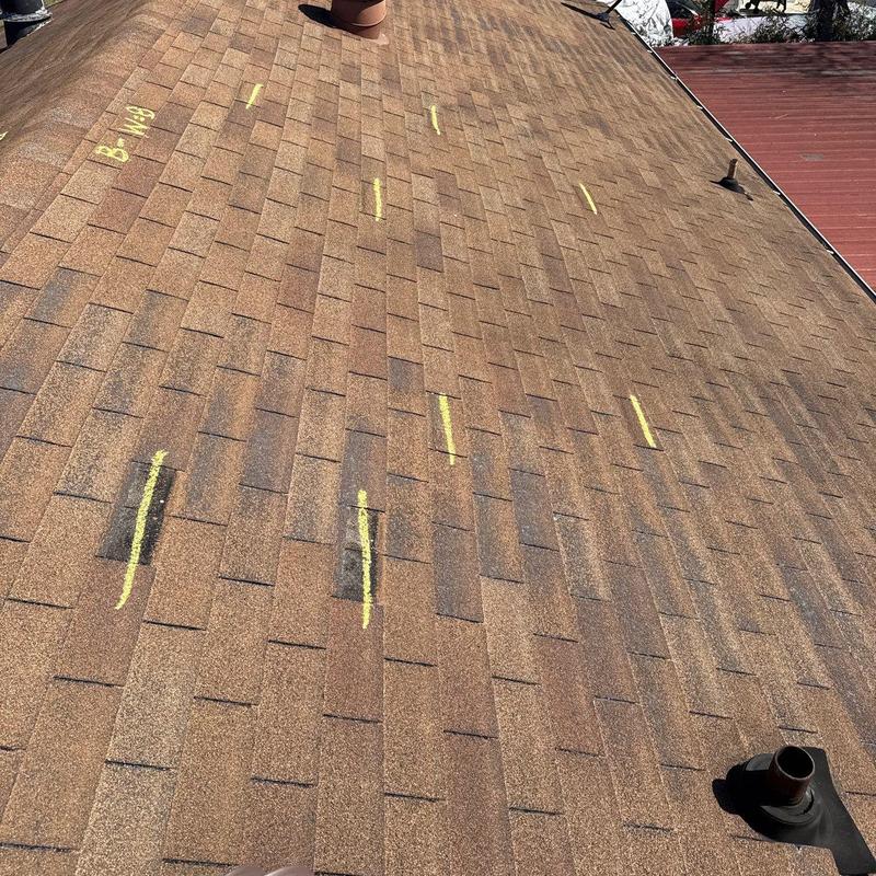 Asphalt shingle roof with hail damage markings
