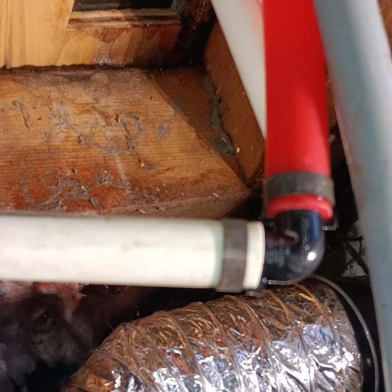 PEX pipe elbow connection near wooden framing