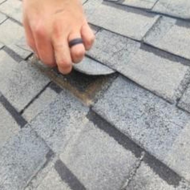Discolored and lifting asphalt roofing shingles inspection