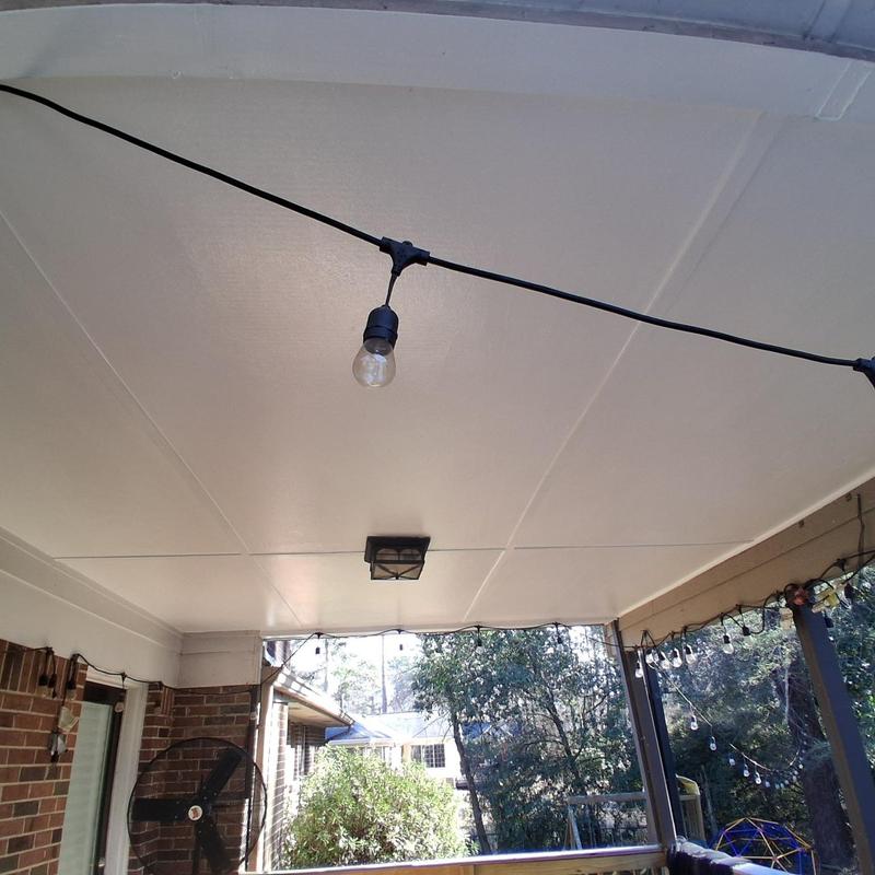 Porch ceiling plywood and trim with lighting fixtures
