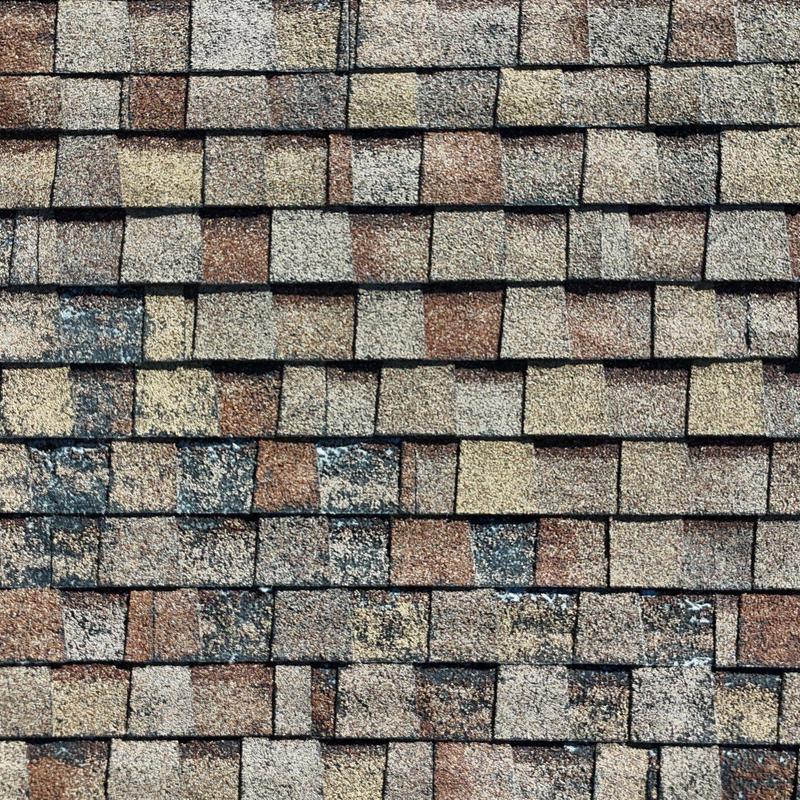 Asphalt shingle roof with visible wear and discoloration