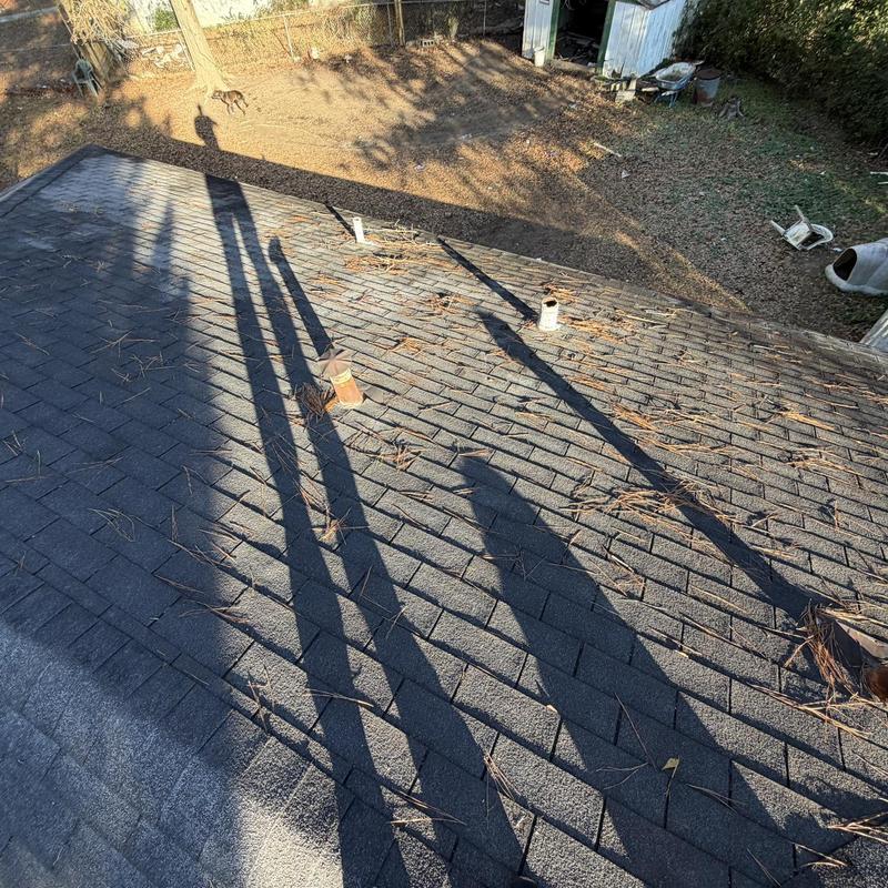 Roof shingles with debris and vent pipes visible