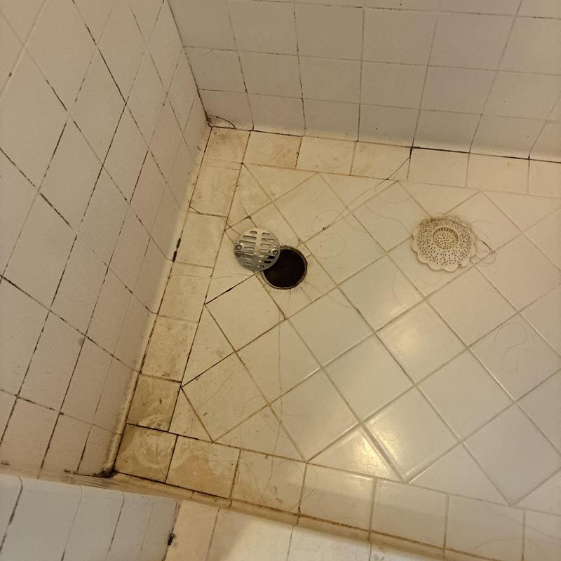 Shower drain with removed cover and dirty tiles