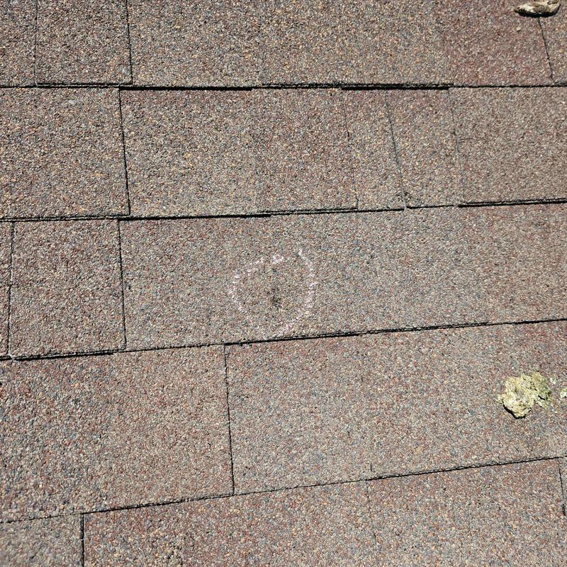 Asphalt roof shingle with hail damage marked for inspection Asphalt roof shingle with hail damage marked for inspection
