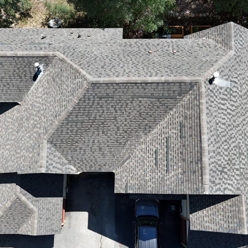 Asphalt shingle roof with GAF Timberline shingles, aerial view
