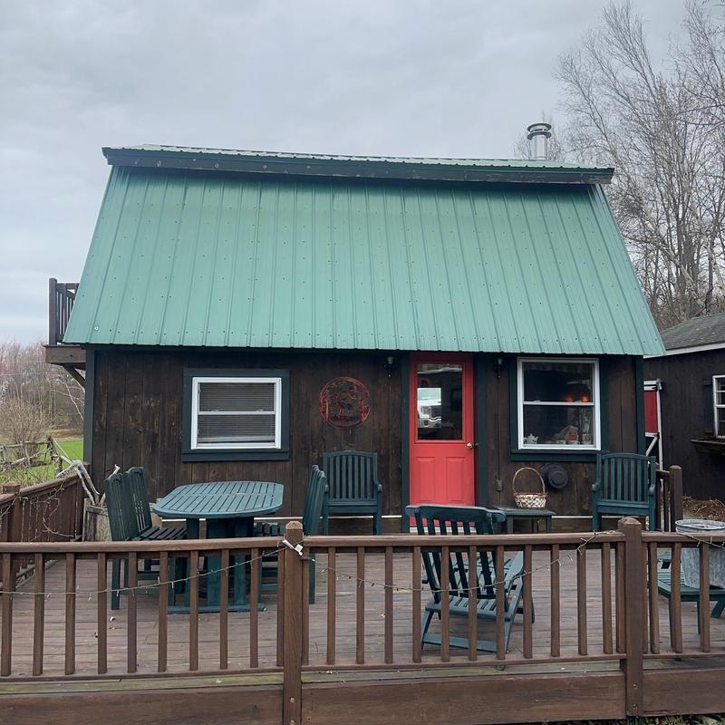 Corrugated metal roof on rustic cabin deck