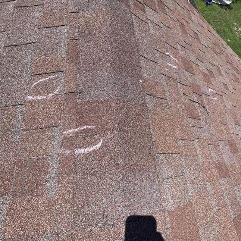 Asphalt roof shingles with hail damage markings