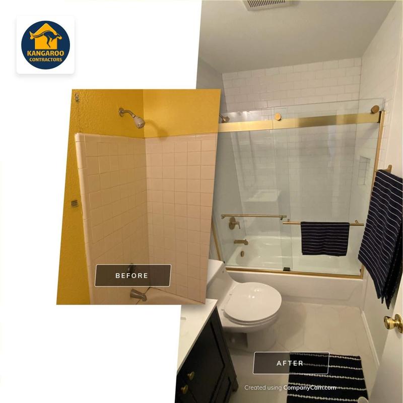 Brushed brass shower door and tile floor remodel Brushed brass shower door and tile floor remodel