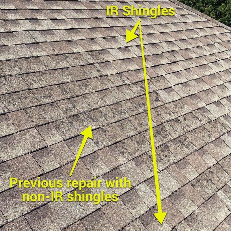 IR shingles and non-IR shingles on roof comparison