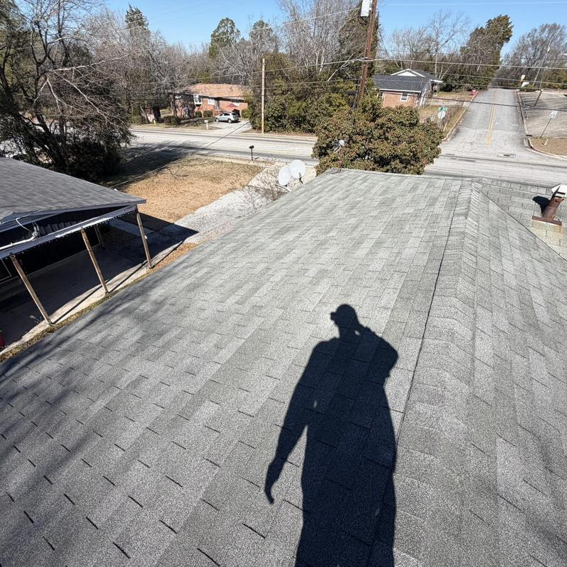 Roof shingles on one-story house with shadow