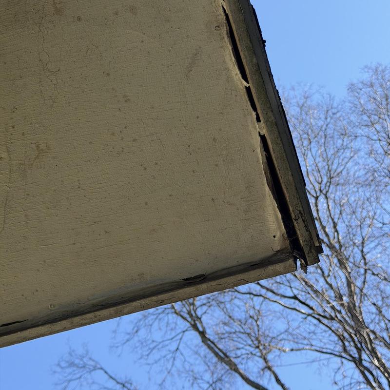 Fascia and soffit damage on roof edge against sky