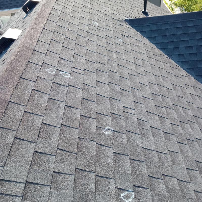 Asphalt shingle roof with marked hail damage Asphalt shingle roof with marked hail damage