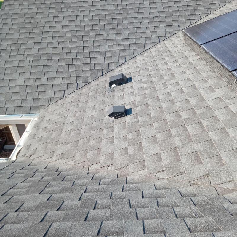 Asphalt shingle roof with vent pipes and solar panels Asphalt shingle roof with vent pipes and solar panels