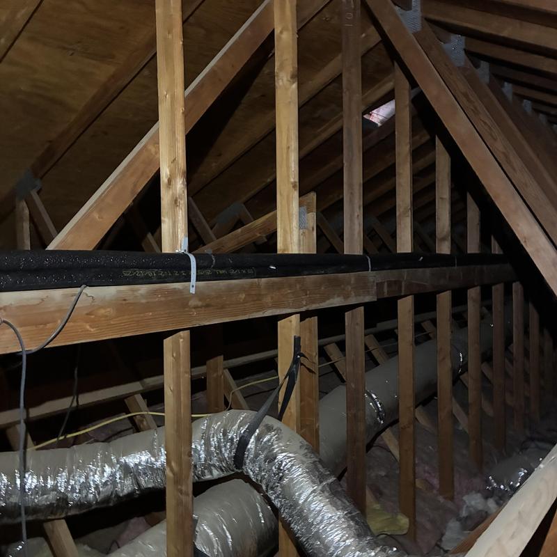 Hot water pipe re-route above master shower valve in attic Hot water pipe re-route above master shower valve in attic