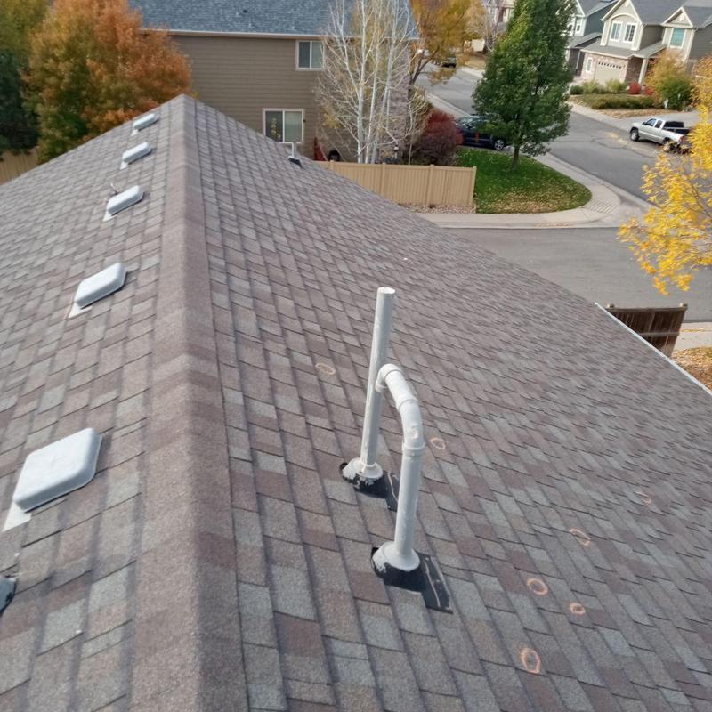 Asphalt shingle roof with vent pipe and hail marks Asphalt shingle roof with vent pipe and hail marks