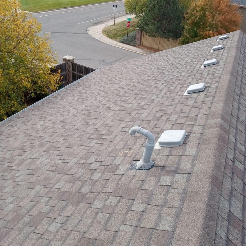 Asphalt shingle roof with vent pipes and skylights Asphalt shingle roof with vent pipes and skylights
