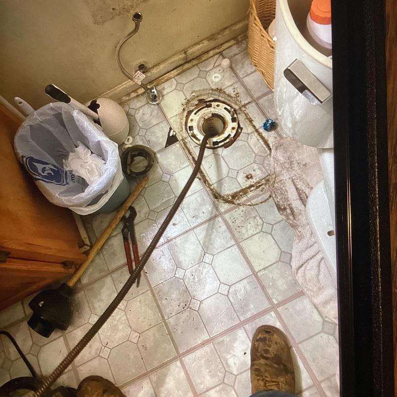 Mainline drain snake in bathroom floor cleanout